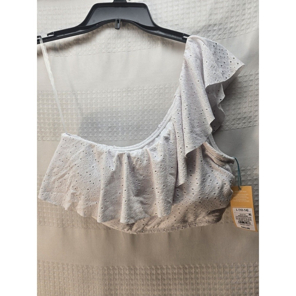 Kona Sol Bikini Top Sz Large White Eyelet One Shoulder Flowey Beach Summer 6245